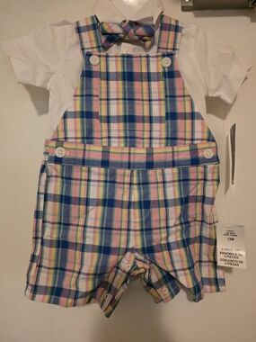 Izod Plaid Blue Pink Yellow Green Shortall with Bow Tie